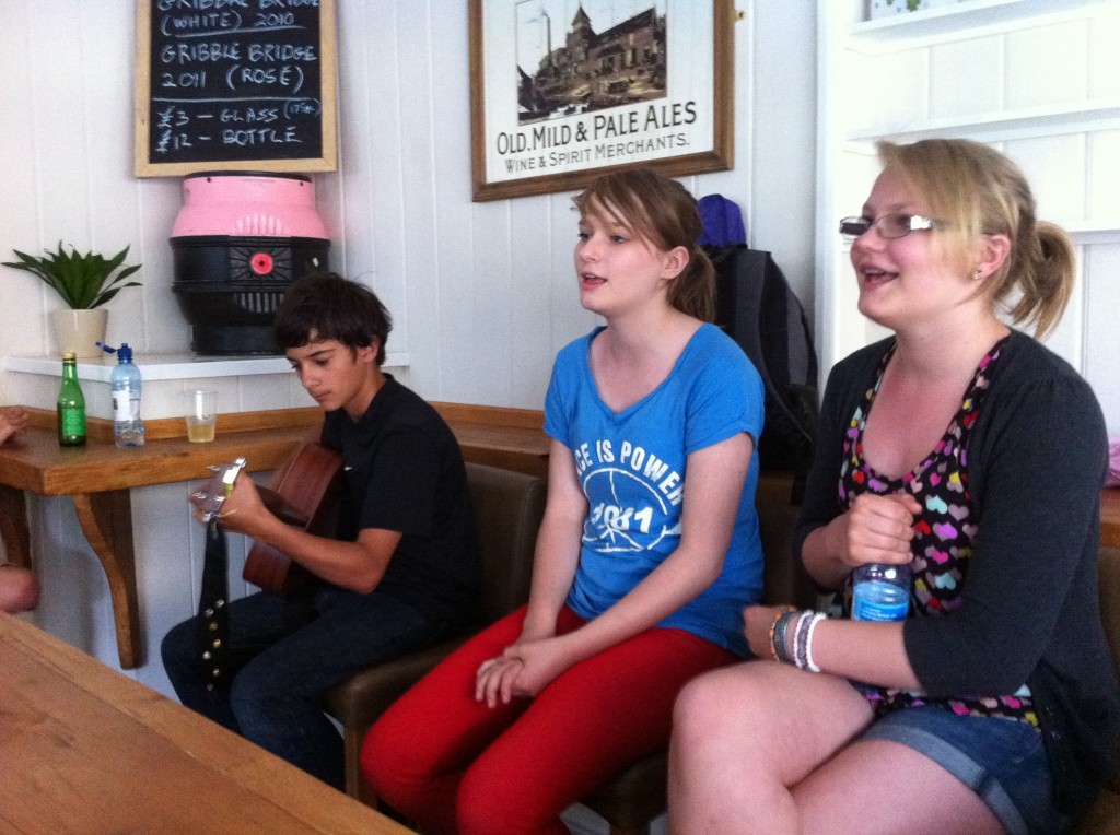 Jordan playing with Anna and Emma singing in the Four Candles Alehouse. Folkweek inspired them. There was music being played throughout the town. They also sang at a morning poetry session and out on the street - busking. They made 16 pounds with the hat out.